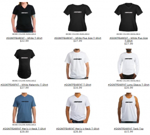 Selection of T-Shirts, Hats and other accessories. Help spread the word to stop fearing fat!